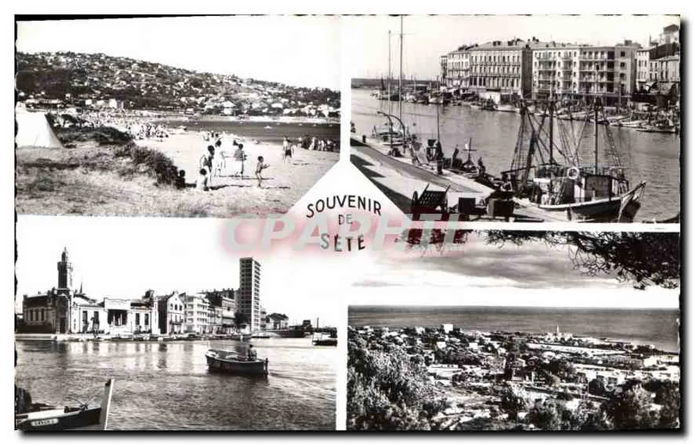 Sète — Vista da praia, do porto, da cidade e do oceano — Lembrança de Sète, editora PRISUNIC Francesa - Frente