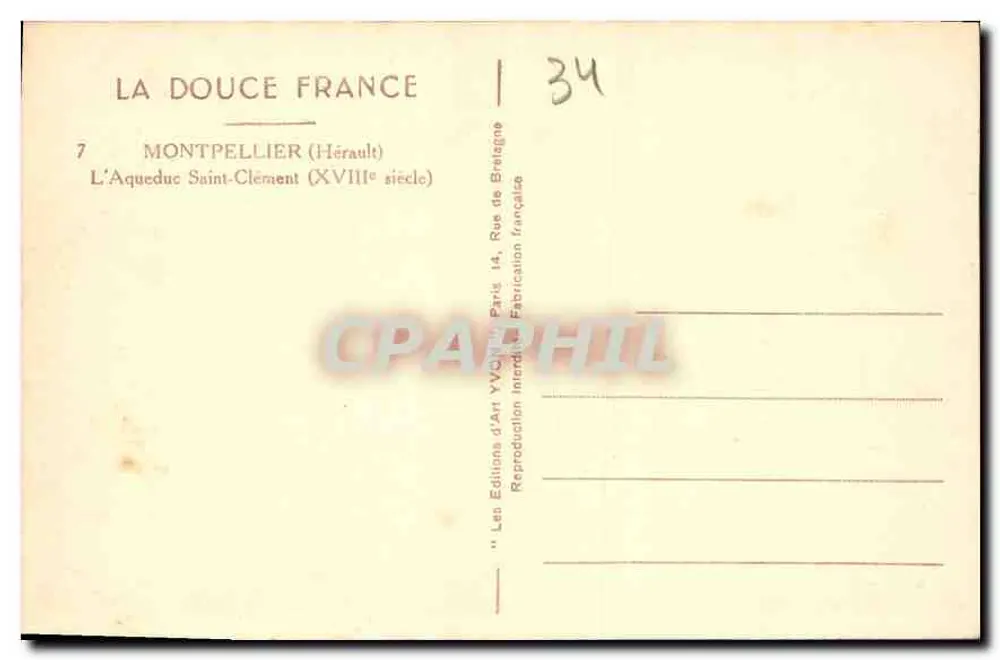 Aquedukc St. Clément — Montpellier (Hérault) — Les Éditions d'Art YVQ, Paryż - Rewers