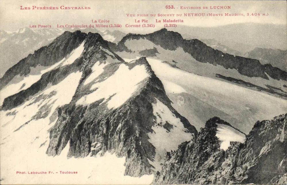 Die zentralen Pyrenäen — Ansicht vom Gipfel des Nethou (Monts Maudits, 3.404 m.) — Phot. Labouche Fr. - Toulouse, n° 653 - Vorderseite