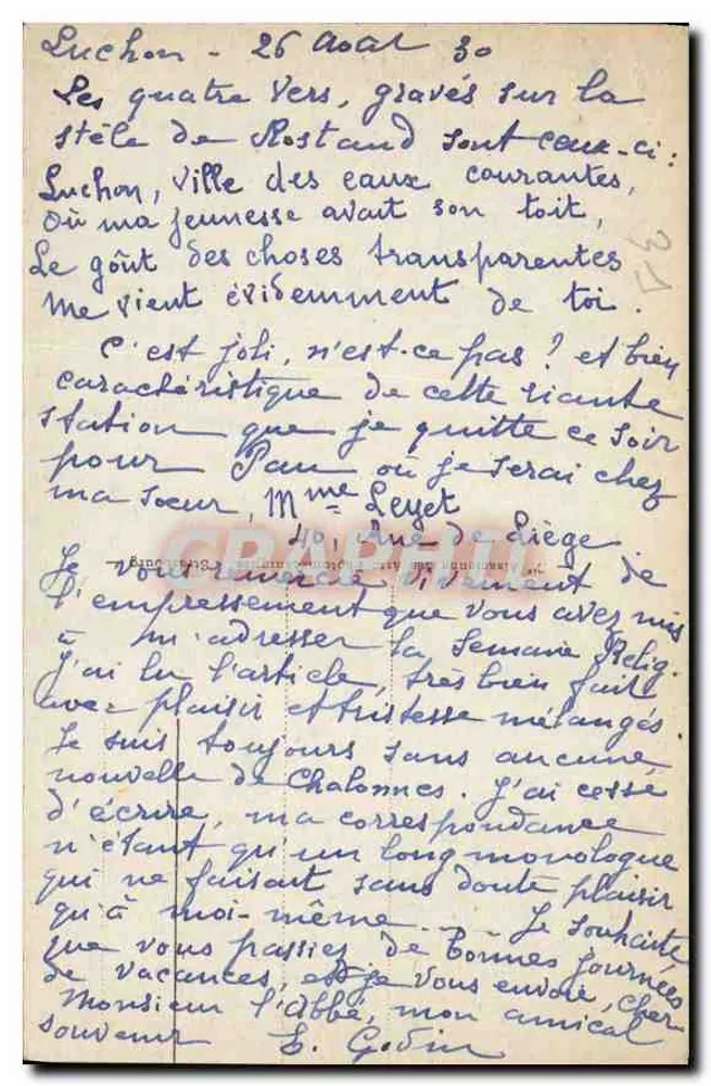 Luchon - O Buste de Rostand — Buste de Rostand sobre um pedestal, na borda de uma cascata, com inscrição 'ENNAFESTON 1868-1919' - Verso