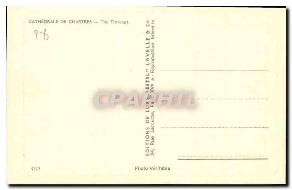 Catedral de Chartres — O Transepto — Editor Lavelle & Cie - Verso