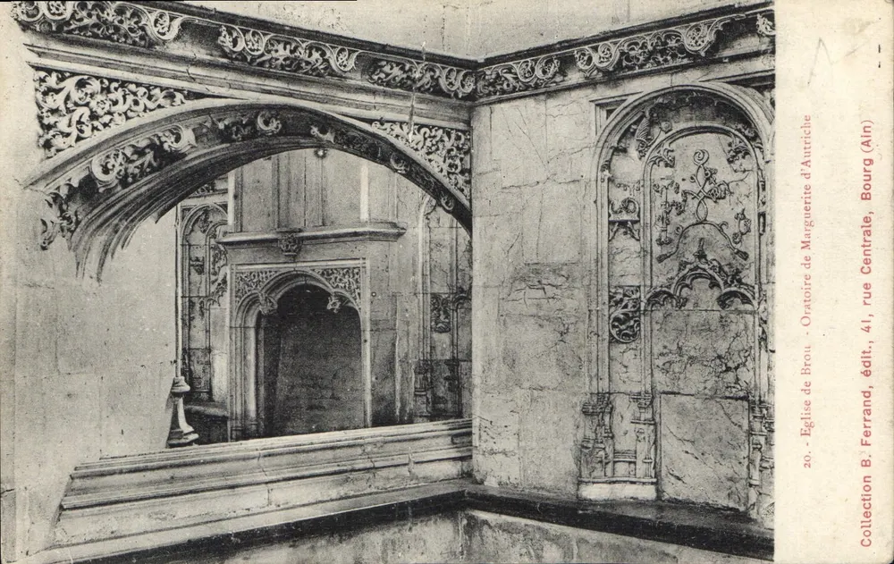 Innenraum der Kirche von Margueritte d'Antriche — Gotische architektonische Details — Kirche von Brou, Verlag B. Ferrand, Nr. 20 - Vorderseite