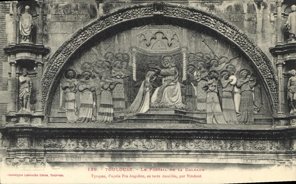 Toulouse - O Portal da Dalbade - Timpanos inspirados em Fra Angelico, em argila esmaltada, por Virebent - Frente