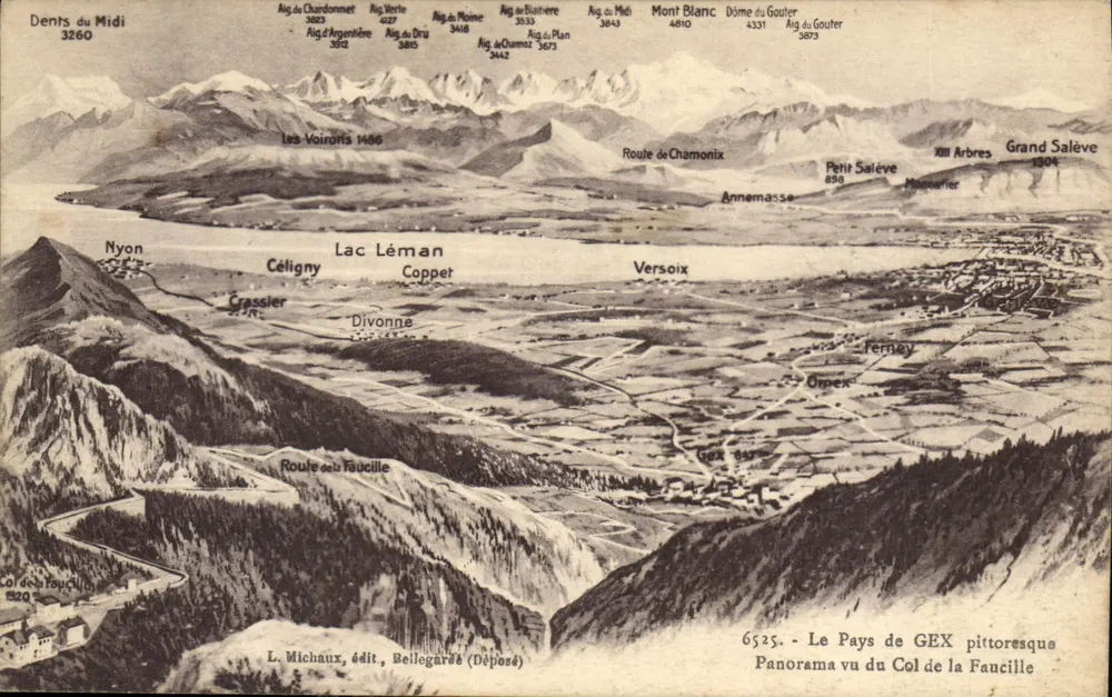 Das malerische Land GEX — Panoramablick vom Col de la Faucille — L. Michaux, Verlag, Bellegarde (Deposité) - Vorderseite
