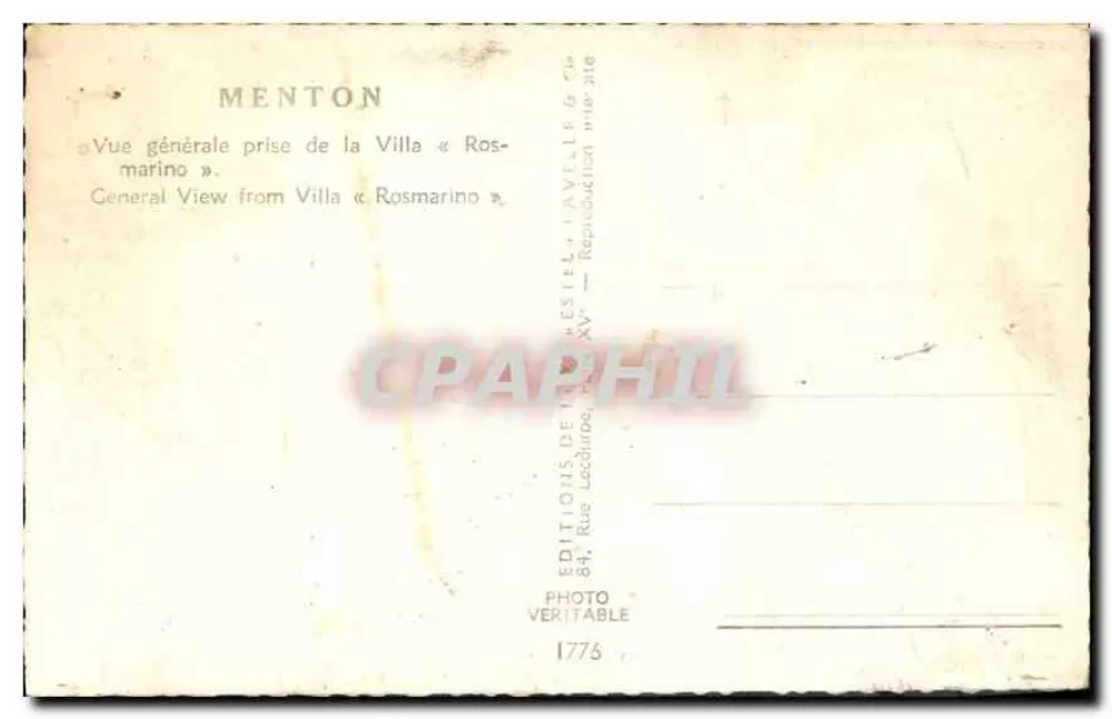 Menton — Allgemeiner Blick vom Villa « Rosmarino » — Éditions de la Photo Véritable, n° 1776 - Rückseite
