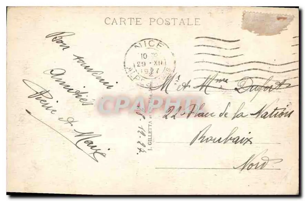 Nice - Pôr do Sol - Palácio da Jetée — Editor Gilletta, n° 77 - Verso
