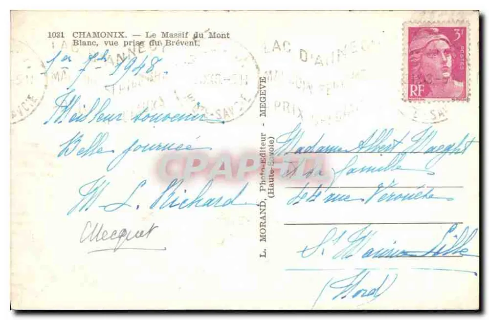 Mont-Blanc-Massiv — Aufnahme vom Brévent — L. Morand, Fotograf (Chamonix) - Rückseite