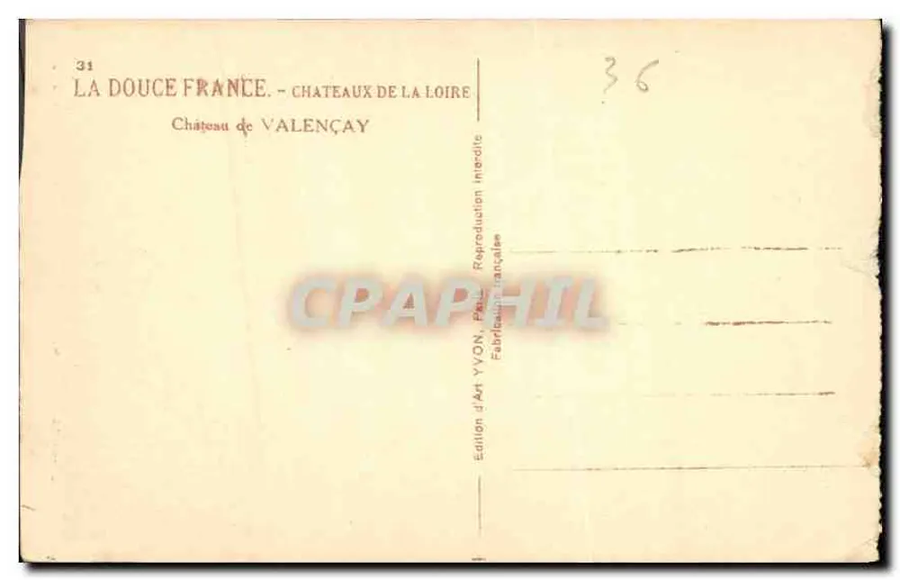 Castelo de Valençay — Editor Yvon, n°31 - Verso