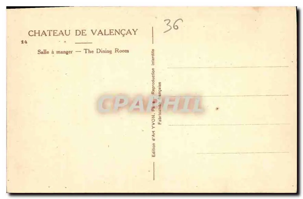 Castelo de Valençay — Sala de jantar — Edição de Arte YVON - Verso