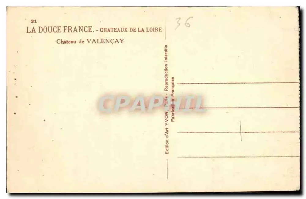Castelo de Valençay — Castelos da Loire — Édition d'Art YVON, Paris - Verso