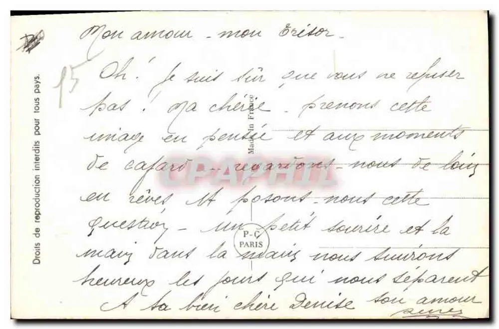 Casal apaixonado — poema 'Apenas um beijo' — PC Paris n°4467/4 - Verso