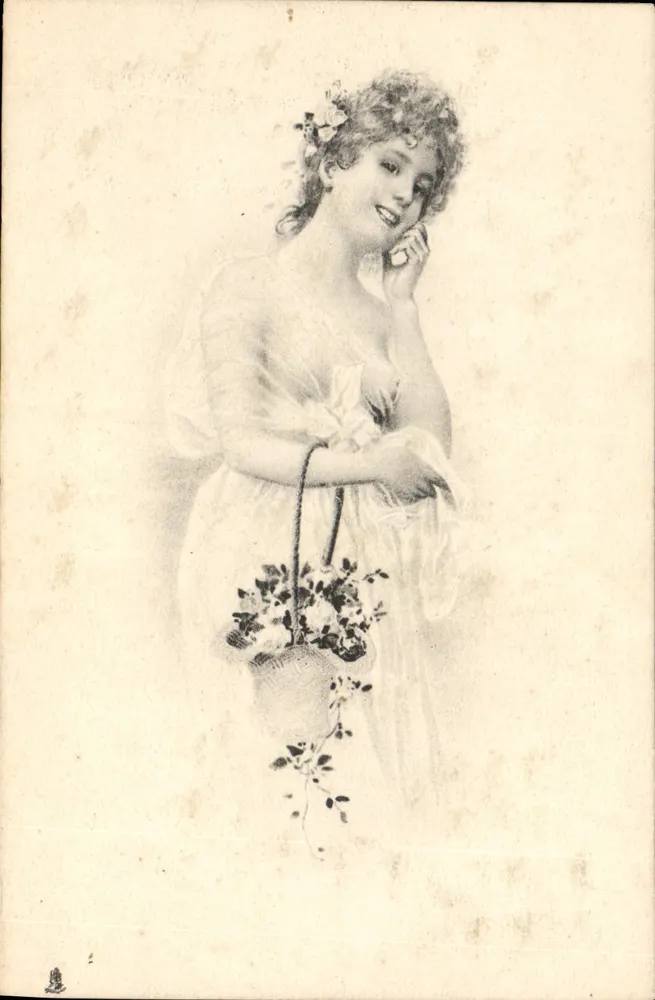 Mulher jovem sorridente com cesta de flores — Tuck et Fils, Paris, Série 339 - Frente