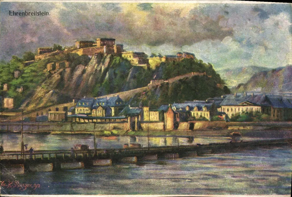 Ehrenbreitstein — Ansicht des Schlosses auf dem Hügel und der Brücke — Künstlerkarten-Verlag von Karl Rud. Bremke & Co. - Vorderseite