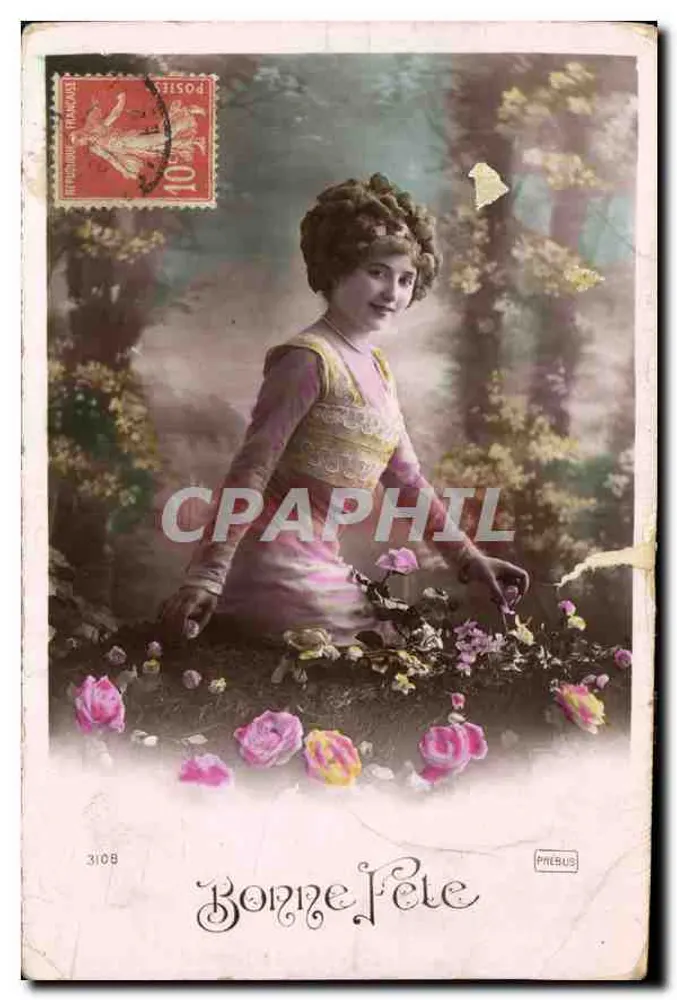 Frau im Wald — mit Blumen — Verlag PNEBUS, Nr. 3108 - Vorderseite