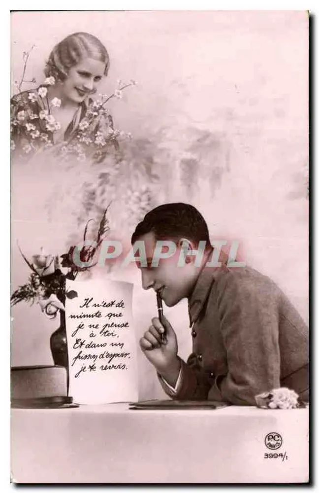 Jovem homem escrevendo uma carta — jovem mulher no fundo — editor PC 3994/1 - Frente