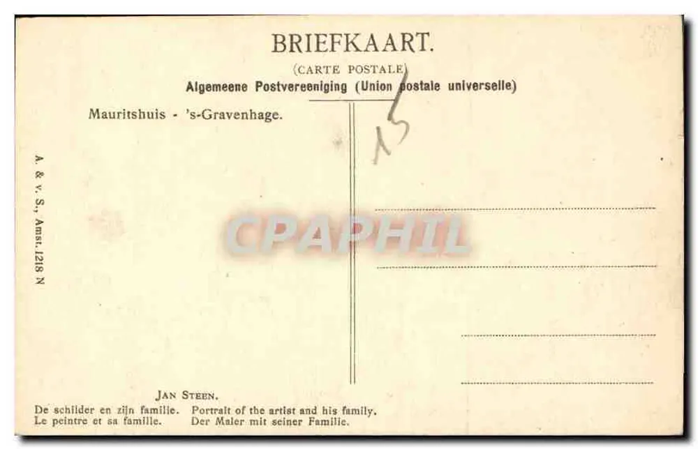 Jan Steen und seine Familie — Porträt des Künstlers und seiner Familie — Algemeene Postvereeniging 's-Gravenhage - Rückseite