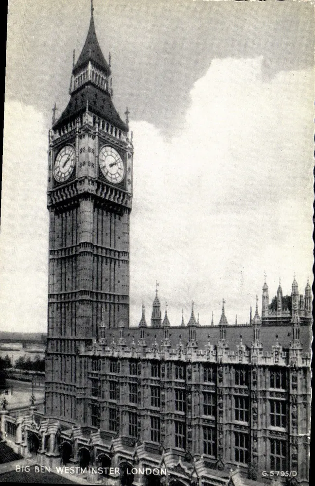 वेस्टमिंस्टर, लंदन में बिग बेन — G.5795/D — सिल्वरेस्क पोस्टकार्ड & सॉन्स लिमिटेड - आगे