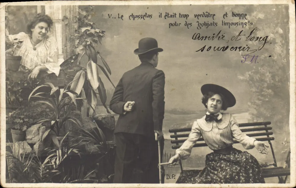 Deux femmes et un homme — scène de jardin — éditeur D.P. (D.P. imprimé en bas à droite) - Frente