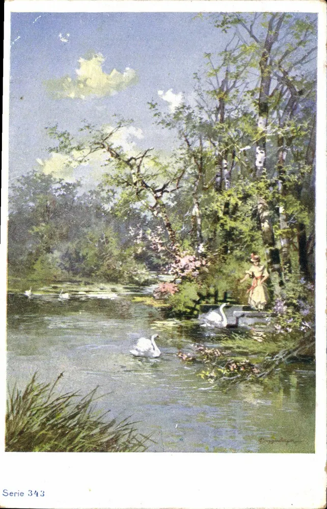 Cena de rio com cisnes — Série 343 — Druck u Verlag Wezel & Naumann A.-G., Leipzig - Frente