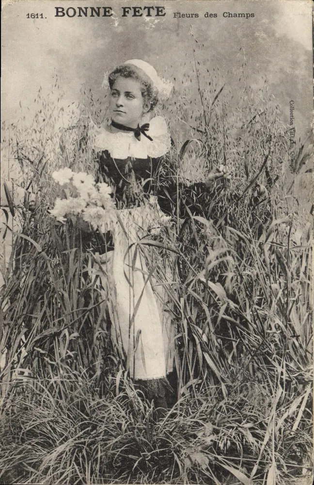 Frau in Landhauskleidung — Frohe Geburtstagsgrüße — Blumen der Felder, n°1611 - Vorderseite