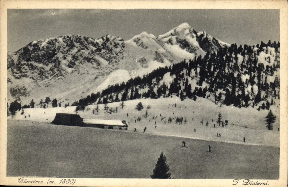 Clavières (m. 1800) — vista de montanha nevada com esquiadores — J. Dintorni - Frente