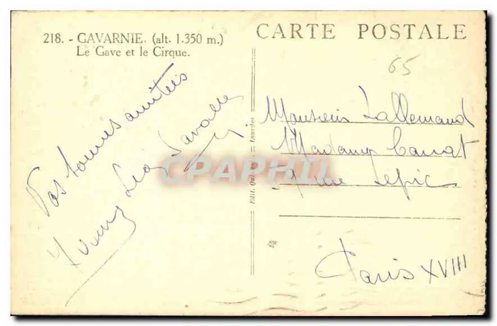 Gavarnie — O Gave e o Circo — Editado em Toulouse, n° 218 - Verso