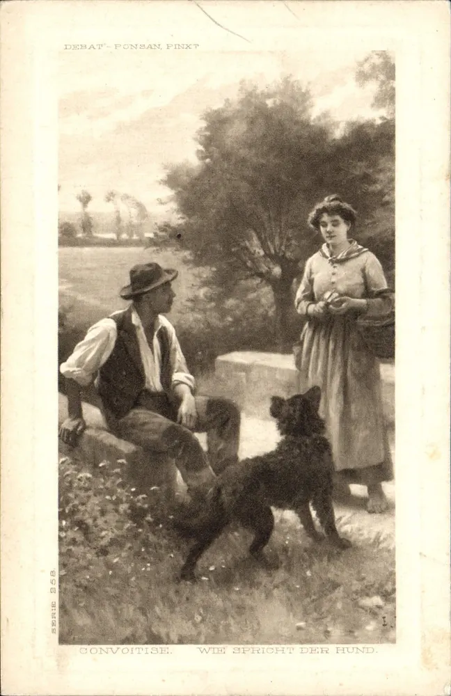 Um homem e uma mulher com um cachorro — Debat-Ponsan, Pinxt, série 268 — 'Convoitise. Wie spricht der Hund.' - Frente