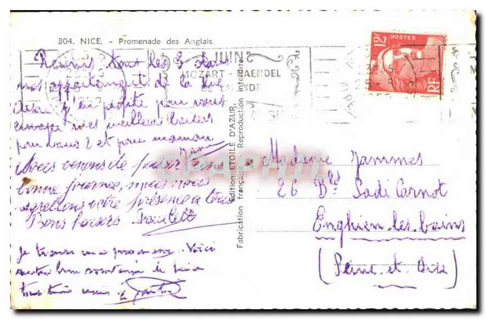 Nice - Promenade dos Ingleses — edição Etoile d'Azur, n° 304 - Verso
