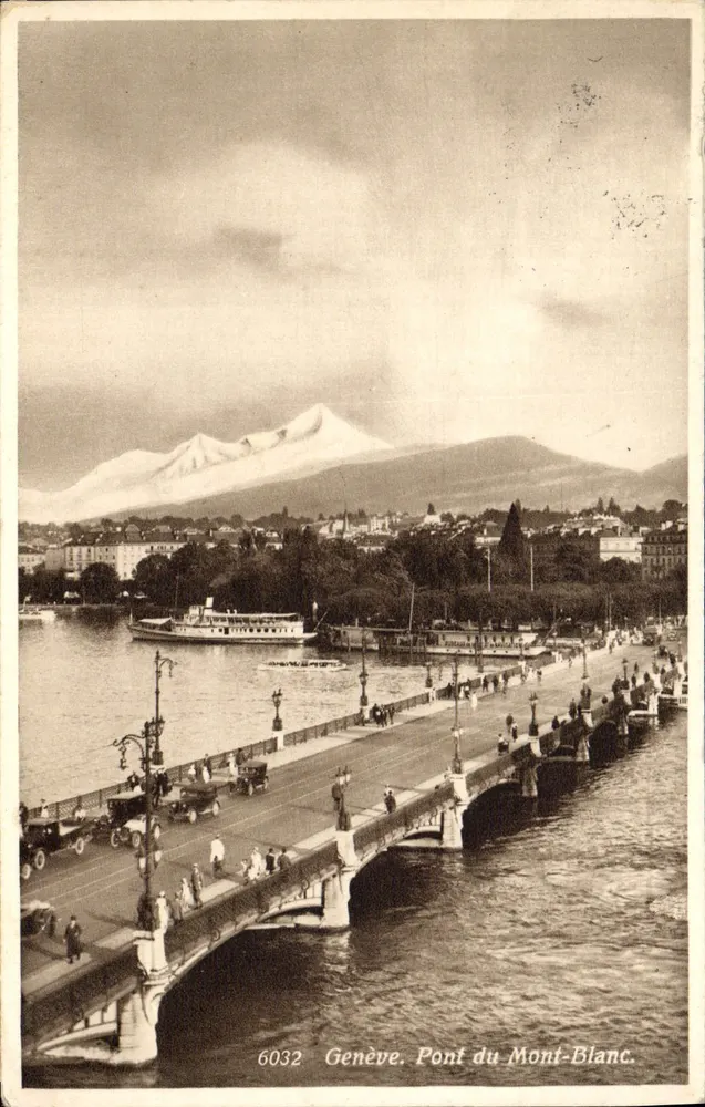 Genebra. Ponte do Mont-Blanc — vista do lago e da montanha nevada — Edição Jaeger, n° 6032 - Frente