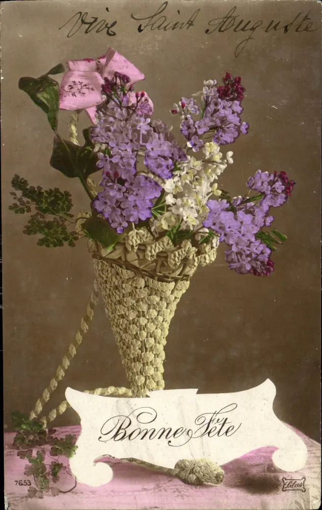 Arranjo de lilás e flores — VIVE SAINT AUGUSTE — Editor F. Lécluse, n° 7653 - Frente