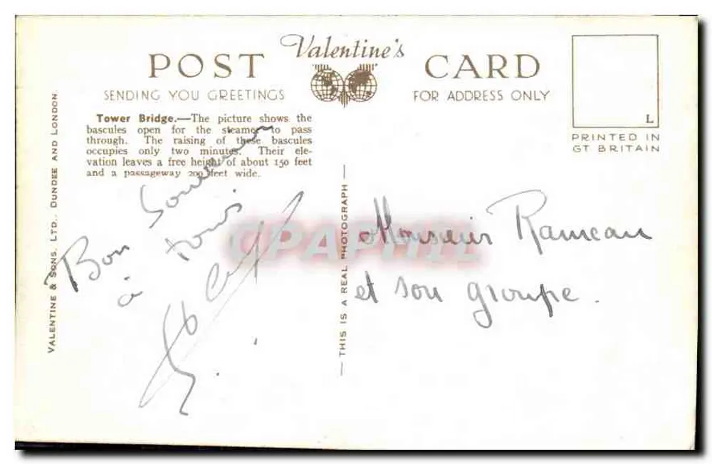 Tower Bridge, Londres — vista com aberturas das basculas — Valentine & Sons Ltd. n°43871 - Verso