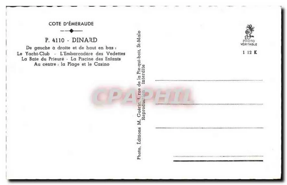 Dinard — Costa de Émeraude — Editor Emgé, n° 4110 - Verso