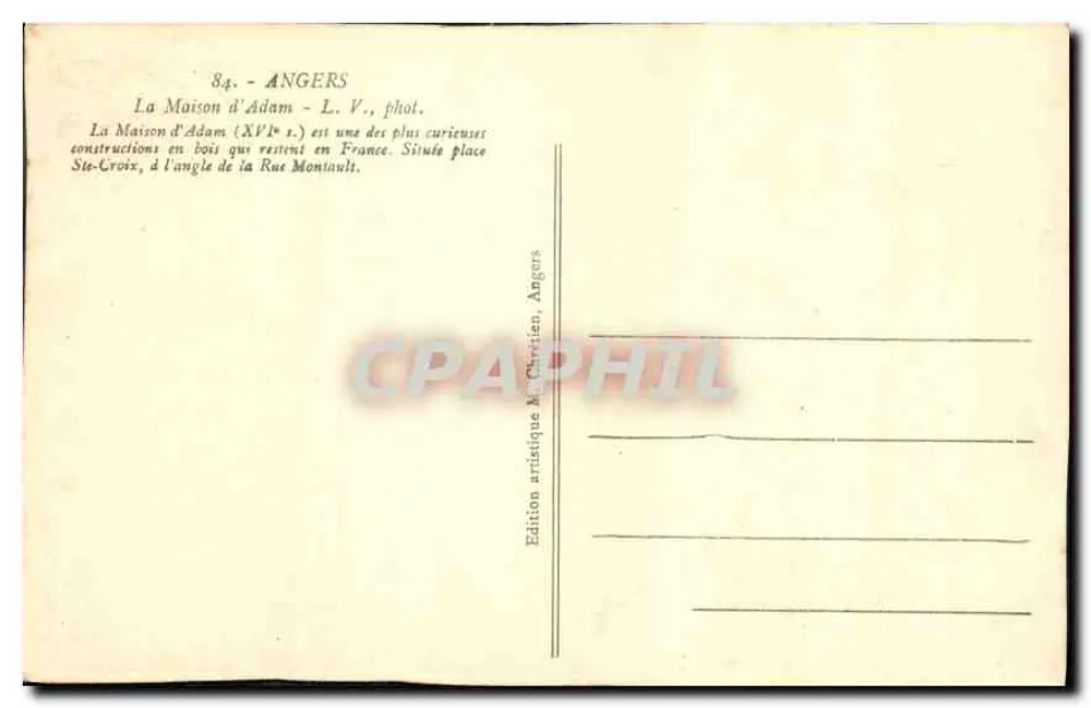 Angers — A Casa de Adam — Edição artística M. Christien, Angers - Verso