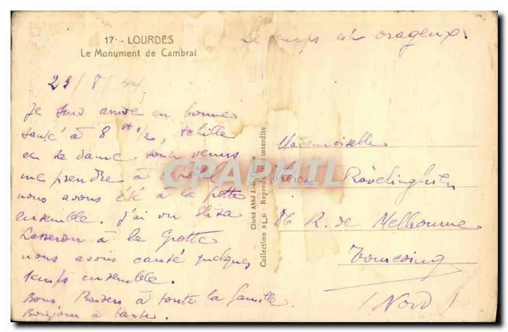 Monument aos Santos Enfermeiros — Diocese de Cambrai — editor desconhecido, número de série não visível - Verso