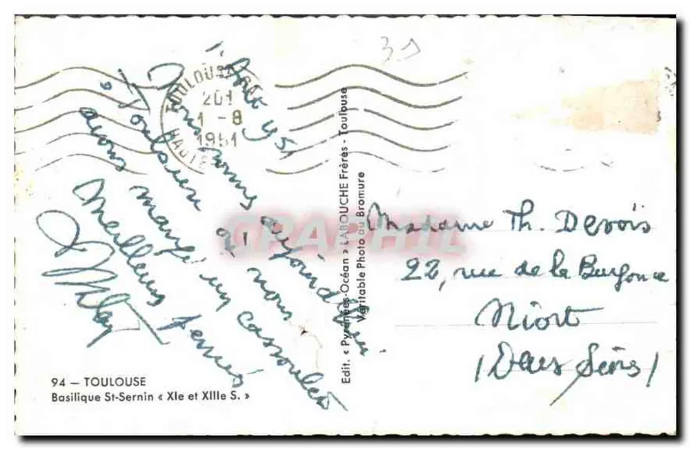 Basílica de São Sernin — Toulouse — Editor Laroche Frères, n° 94 - Verso