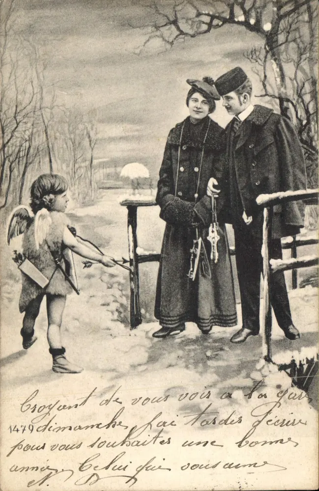 Cupid und Paar im Winter — Verleger nicht sichtbar, Seriennummer nicht sichtbar - Vorderseite