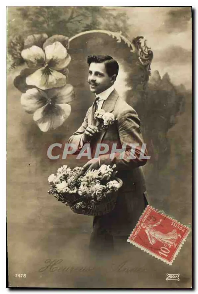Jovem homem com cesta de flores — editor H. L. B. — n° 7478 - Frente