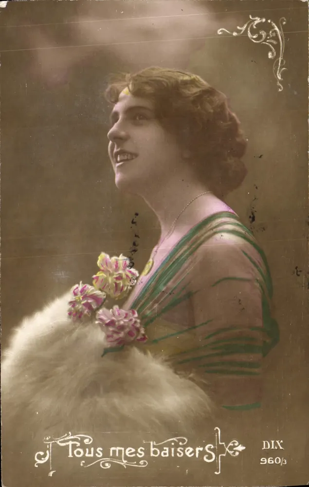 Je t'envoie mes baisers — femme en robe à rayures et écharpe fourrée — éditeur DIX n° 960/3 - Frente