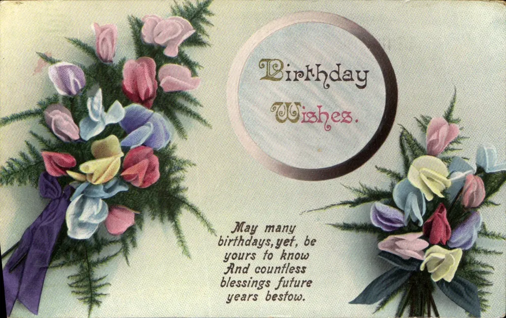 फूल और जन्मदिन के शुभकामनाएं — ब्राइटन पोस्ट कार्ड, श्रृंखला 2253, सैक्सन में मुद्रित - आगे