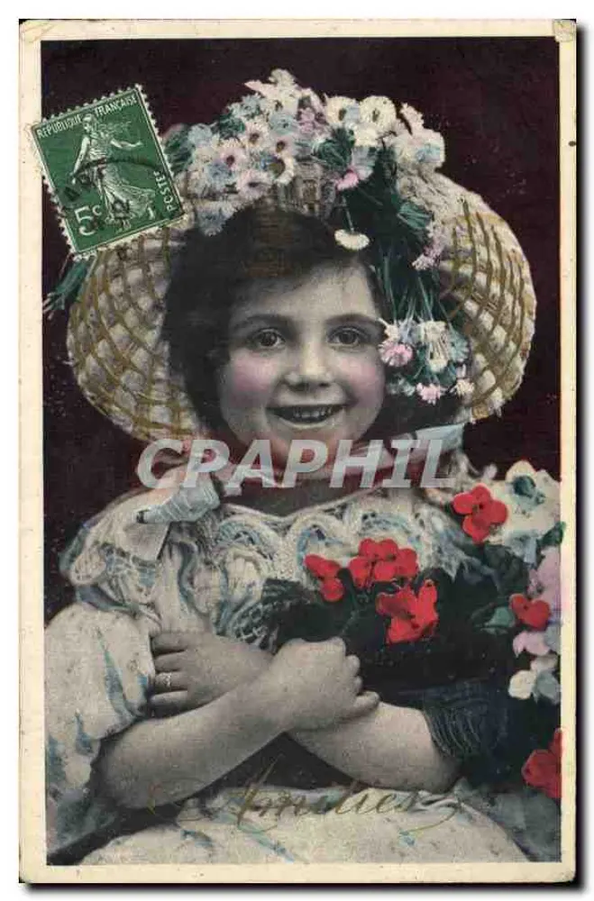 Menina sorridente com chapéu florido — editor não visível, n° de série não legível - Frente