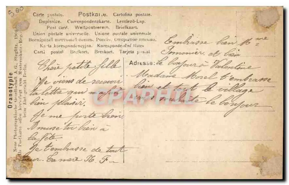 Mãe e filha — cena afetuosa — Oranotypie G. Sieglitz Berlin, n°479/2 - Verso