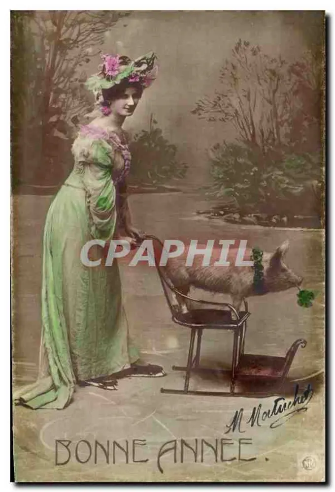 Frau in grüner Robe und Schwein auf Wagen — M. Nautuchet — 1904 - Vorderseite