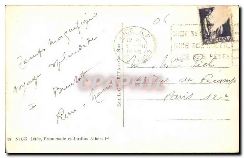 NICE — Píer, Promenade e Jardins Albert Ier — Edit. L. GILLETTA et Cie, n° 19 - Verso
