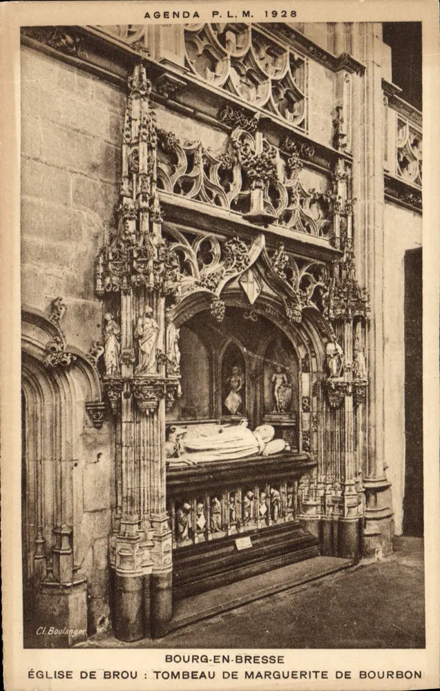 Kirche von Bourg-en-Bresse: Grabmal von Marguerite de Bourbon — Agenda P.L.M. 1928, Verlag Cl. Boulanger - Vorderseite