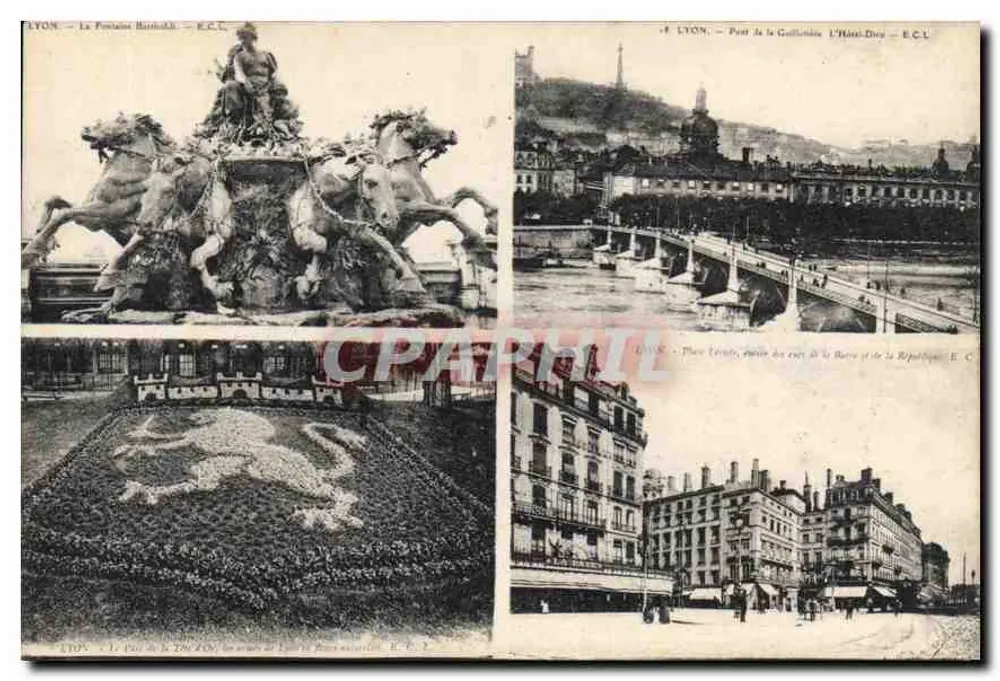 LYON — A Fonte Bartholdi, o Ponte da Guillotière, a Praça da República — E.C.L. - Frente
