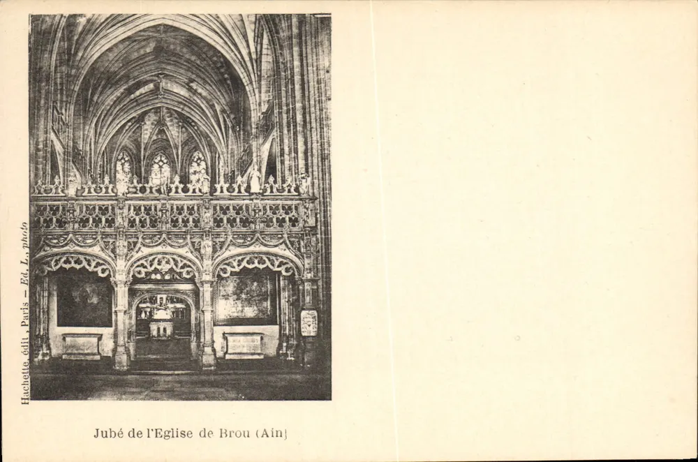 Jubé da igreja de Brou (Ain) — vista interior — Huchette édit., Paris, foto Ed. L. - Frente