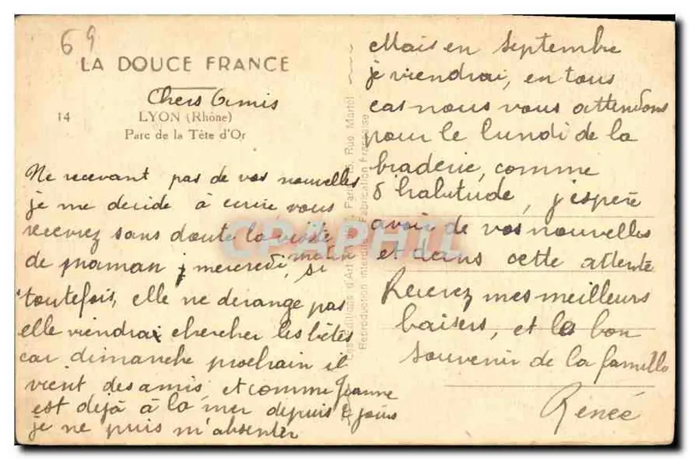 Parc de la Tête d'Or — Lyon — Verlag La Douce France, Nr. 69 - Rückseite