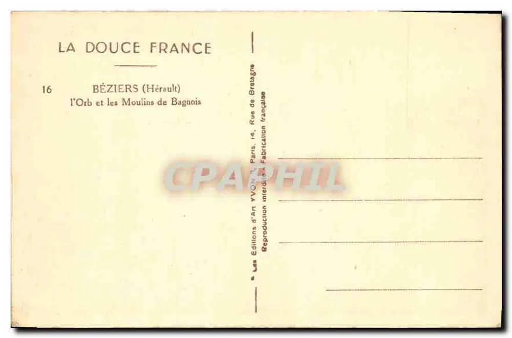 Béziers — l'Orb et les Moulins de Bagnois — Éditions d'Art Yvon - Verso
