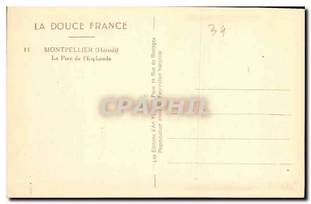 Montpellier (Hérault) — O Parque da Esplanada — Edições d'Art Yvonne - Verso