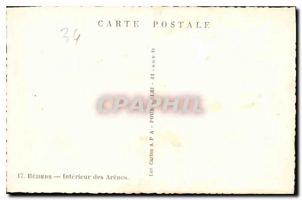 Béziers — Interior das Arênes — Cartas A P A - Verso